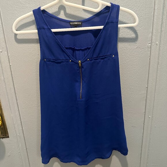Express Royal Blue Two Fabric Sleeveless Gold Zipper Tank Top - Picture 1 of 3